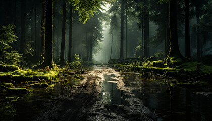 Mysterious forest, dark foliage, wet footpath, tranquil scene generated by AI