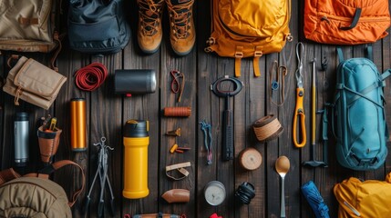 Flat lay composition with different camping equipment on dark wooden background. Traveler set - Powered by Adobe