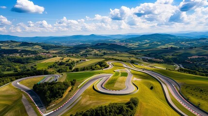 Florence, Italy - 15 August 2021: Aerial view of Mugello Circuit, Italy - obrazy, fototapety, plakaty