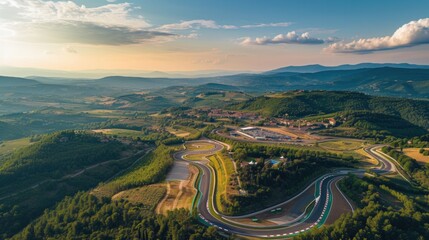 Florence, Italy - 15 August 2021: Aerial view of Mugello Circuit, Italy - obrazy, fototapety, plakaty