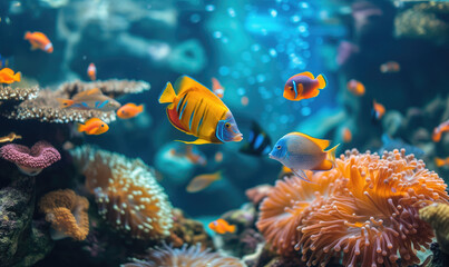Obraz na płótnie Canvas Vibrant tropical fish swimming in a coral reef aquarium
