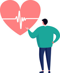 Fototapeta na wymiar Man presenting large heart shape with heartbeat line. Health care concept and cardiology awareness vector illustration.