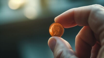 Close-up of a penny pinched between someone's fingers - obrazy, fototapety, plakaty