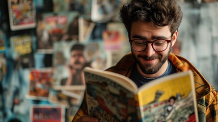 A delighted man engrossed in reading comic books in a shop surrounded by magazines