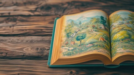 Open book with colorful landscape illustrations on wooden background