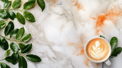 Cup of coffee with latte art surrounded by fresh green leaves on marble