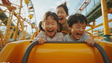 Fototapeta na wymiar Mother and two children riding a rollercoaster at an amusement park 