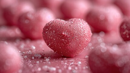 Obraz premium a close up of a heart shaped object surrounded by many balls of pink and white water droplets on a pink background.