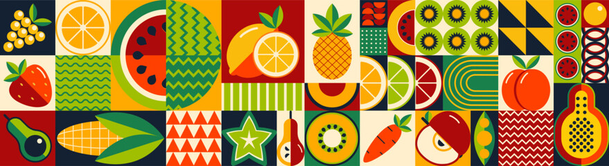 Geometric spring fresh poster with simple shapes. Scandinavian style. Tropic motifs. Colourful illustration of fruits.