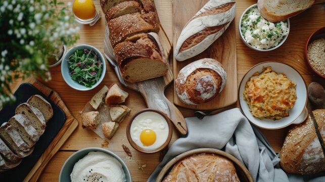  a table full of bread, eggs, and other food items on a wooden table with a potted plant in the middle of the table.