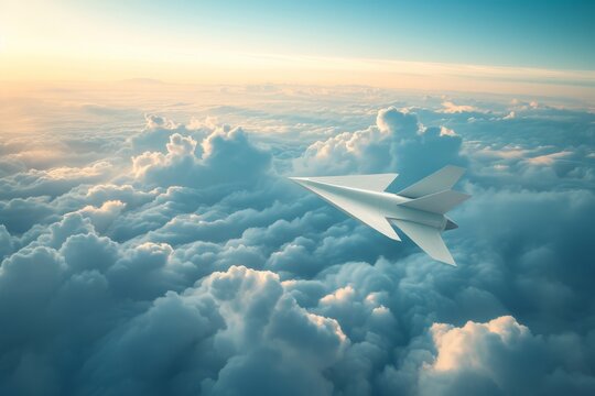 paper airplane flying among the clouds 