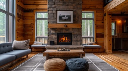 rustic fireplace cabin, straight on view, variation in wood colors, rustic vibe, with picture over fireplace and new modern couch  