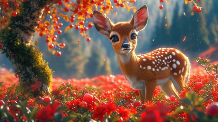  a painting of a deer in a field of flowers with a tree in the background and red berries in the foreground.