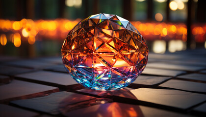 Fototapeta na wymiar Shiny glass sphere reflects vibrant colors at night generated by AI