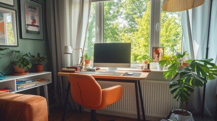 Fototapeta premium Small modern scandinavian style design home office, amber round corner desk 