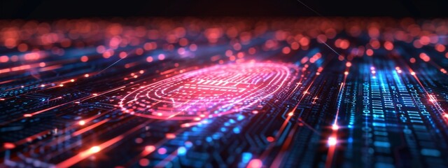 Glowing digital fingerprint on a circuit board highlighting cybersecurity - obrazy, fototapety, plakaty
