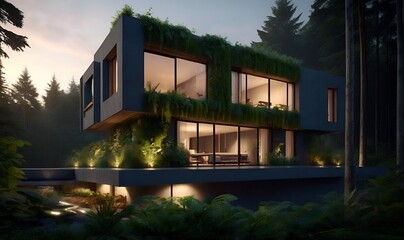 Modern house in the forest covered with green vegetation
