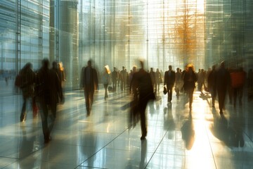 Dynamic image of blurred figures walking briskly in a sunlit, glass-walled corridor, evoking a sense of rush and urban life