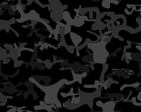 Camouflage Seamless Hunter. Army Abstract Brush. Repeat Black Pattern.  Seamless Paint. Woodland Vector Camoflage. Tree Black Canvas. Urban Camo Print. Digital Gray Camouflage. Dark Vector Pattern.