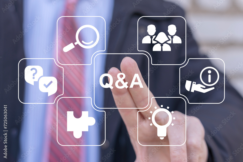 Poster businessman using virtual touch screen presses abbreviation: q and a. questions and answers ( q and 