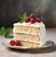  a piece of cake with white frosting and raspberries on a plate with a mint sprig.