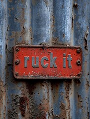 'Ruck It' sign, with weathered textures on a corrugated metal background