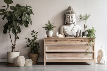 a meditation ritual. In front of a white Buddha head sculpture on the wall, a wooden chest of drawers with religious memorabilia and a green plant stands. Copyspace