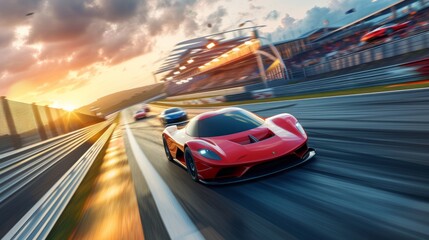 Motorsport cars racing on race track with motion blur background, cornering scene. 3D Rendering - obrazy, fototapety, plakaty