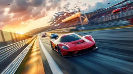 Poster Motorsport cars racing on race track with motion blur background, cornering scene. 3D Rendering © Orxan