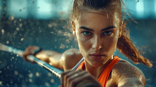 Focused female sports player with water splashing, intense gaze