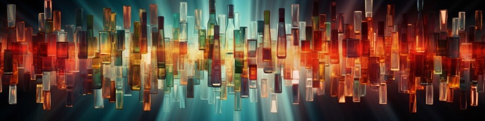 Banner background of overlapping wine bottles, multi coloured glass with blurred background. Wine industry - obrazy, fototapety, plakaty