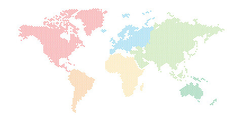 Fototapeta na wymiar World map of squares with different color of each continent. Halftone design. Simple flat vector illustration.