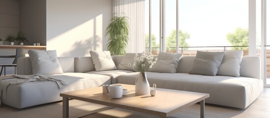 Interior of light living room with grey sofas, coffee table.