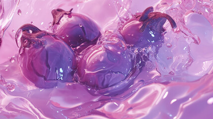  a close up of some purple fruit in a bowl of water with a splash of water on top of it.