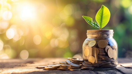 Plant sprouting from a jar of coins, illustrating investment and savings growth - obrazy, fototapety, plakaty
