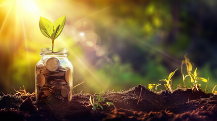 Plant growing from coins in glass jar on soil - obrazy, fototapety, plakaty