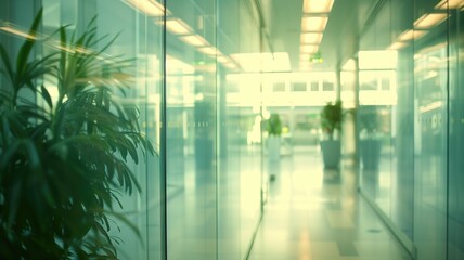 Office lobby with glass partitions and green plants