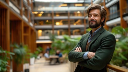 Fashionable man with a beard smiling confidently in a bright, airy atrium