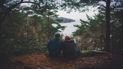 Fototapeta premium Back view of a couple sitting together overlooking a serene lake