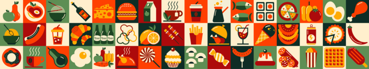 Set of colorful icons related to food and drinks. Abstract food and drink geometric pattern. Mosaic style. Collection of food icons. Vector illustration - obrazy, fototapety, plakaty