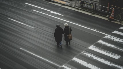 A poignant depiction of an elderly couple hand in hand, crossing an urban street