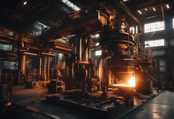 Metallurgical industry with melting metal heavy industry interior factory view concept image - obrazy, fototapety, plakaty