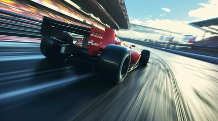 Race car racing on a track with speeding motion blur. 3D Render - obrazy, fototapety, plakaty