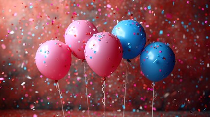 a group of blue and pink balloons with confetti and streamers of confetti on a brown background.