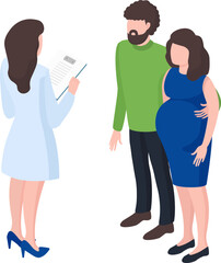 Pregnant woman and bearded man talking to female doctor holding clipboard. Maternity consultation, prenatal care, expectant couple meeting healthcare professional. Family planning, doctor appointment