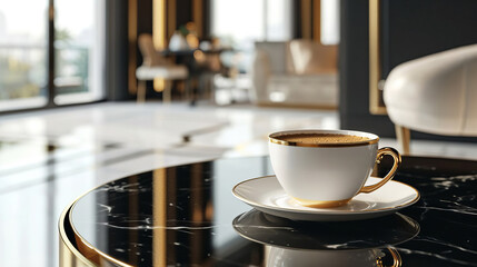A cup of coffee in an elegant, luxurious and contemporary setting.
