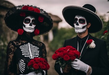 Portrait of couple dressed as catrina skull to honor the dead in Mexico Dressed with white face and...