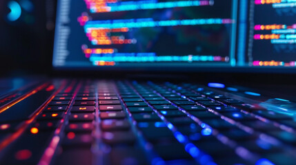 Computer screen, keyboard, lines of code