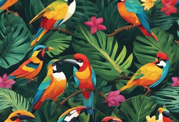 Seamless pattern background influenced by the organic forms and vibrant colors of tropical rainfores with birds