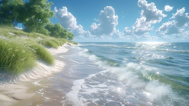  a painting of a beach with waves coming in to shore and trees on the other side of the beach on a sunny day.